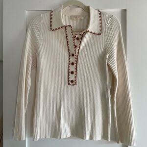 Sezane | Ivory Ribbed Polo Top with knit Trim
